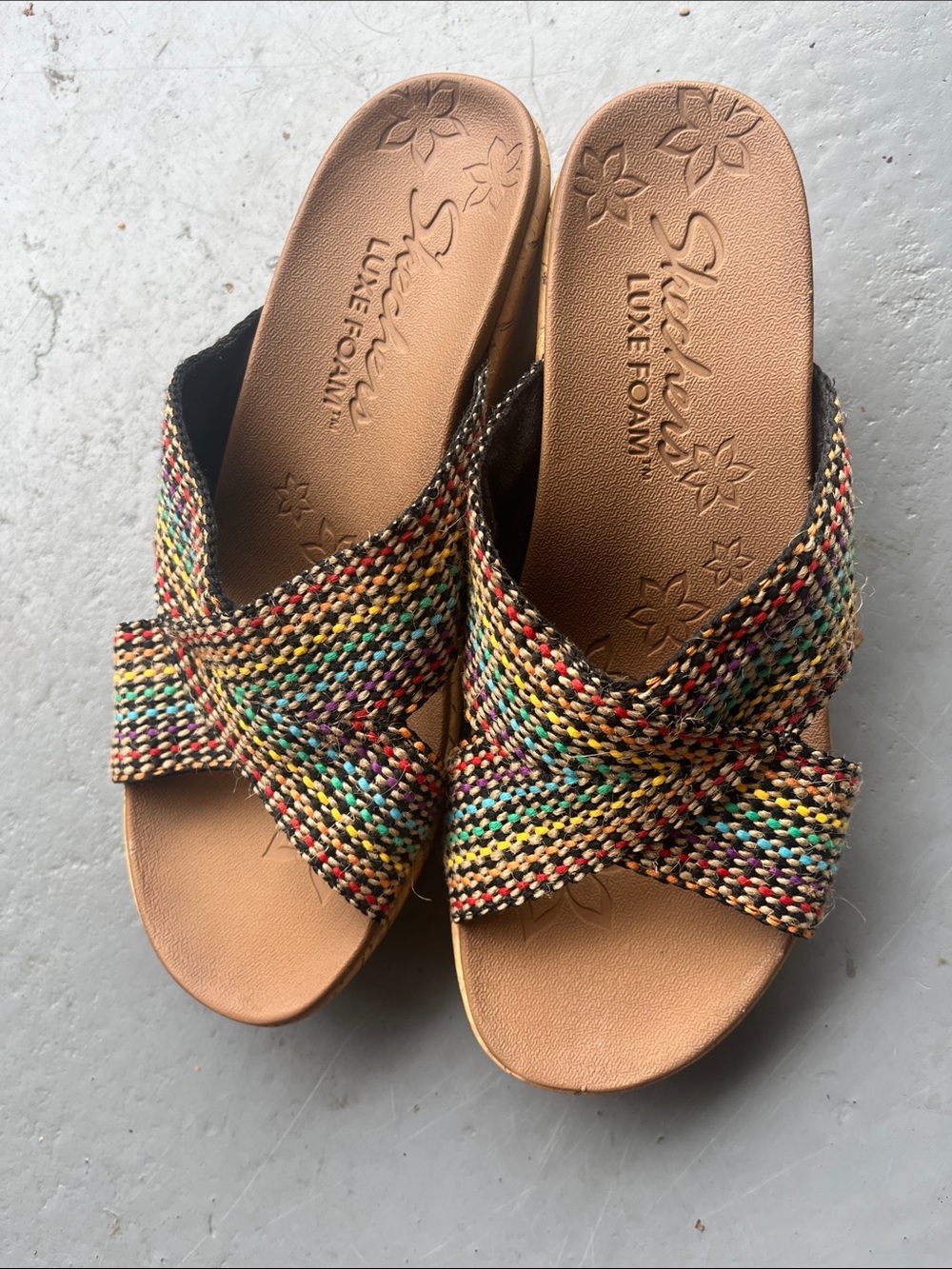 Skechers Women's Multicolor Woven Crossband Sandals with Tan Footbed 7